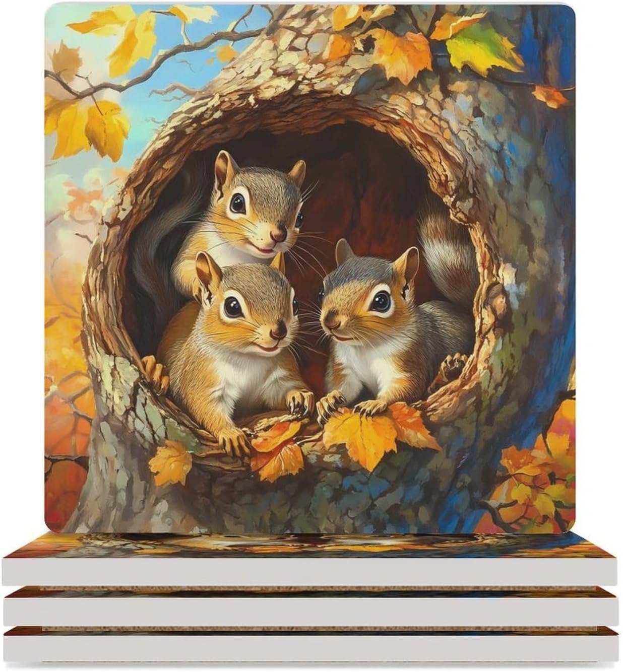 Squirrel Ceramic Coasters Square Drinks Coaster Coffee Table Decor Table Coaster for Home Bar
