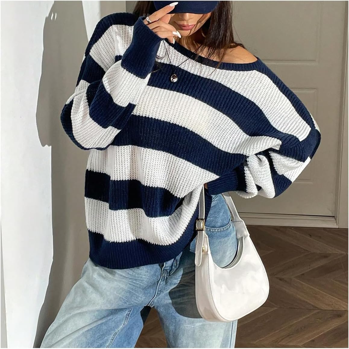 Floerns Women's Striped Boat Neck Loose Sweater Long Sleeve Drop Shoulder Pullover Top - Image 4