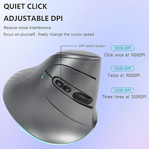 Vista 9 de Ratón inalámbrico, mouse ergonómico vertical 2.4G Bluetooth modo dual 3 DPI recargable conecta múltiples dispositivos, mouse vertical 6 botones