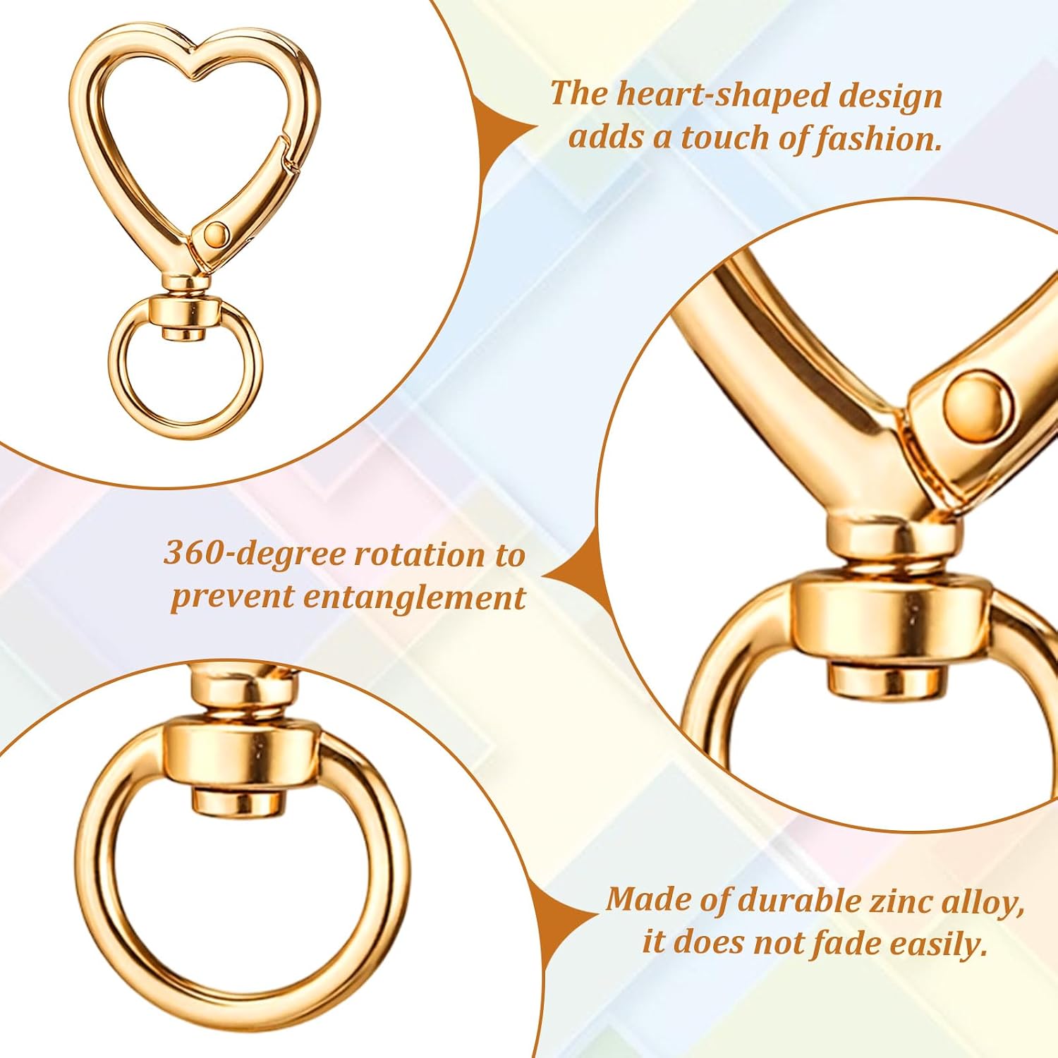 20 PCS Metal Heart Shape Keychain, Hearts Spring Snap Hook Heart Keychains Clip with Swivel Clasps Hooks Zinc Alloy Swivel Keychain Clip Accessions for Handbag DIY Bags Keys Rings,Card(Gold) image 3