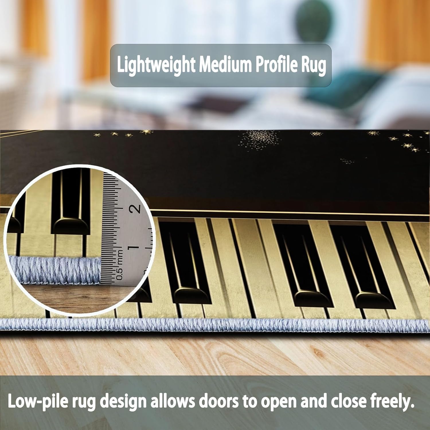 Area Rugs 2 x 3 ft, Modern Music Piano Keys Machine Washable Rug for Living Room Bedroom Dining Room Hallway, Non Slip Indoor Soft Low Pile Carpet for Farmhouse Office Home Decor Black Gold