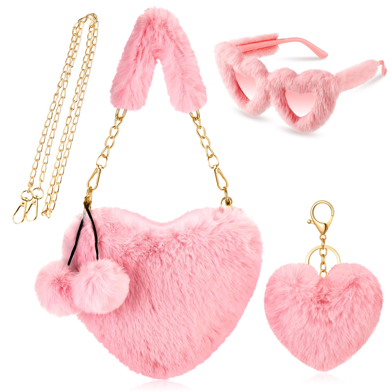 Abbylike 3 Pcs Furry Heart Shaped Purse Fluffy Faux Fur Shoulder Bag Crossbody Handbag Sunglass for Women Valentine Gifts