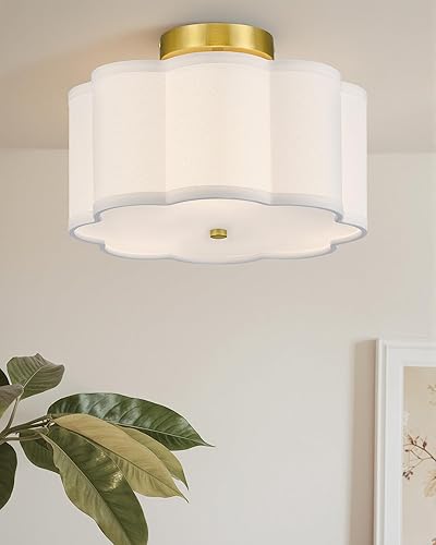Miniatura 9 de VONLUCE Lámpara de techo semiempotrada, lámpara de techo de 12.6 pulgadas con pantalla de tela en forma de flor, lámpara moderna de 3 luces para