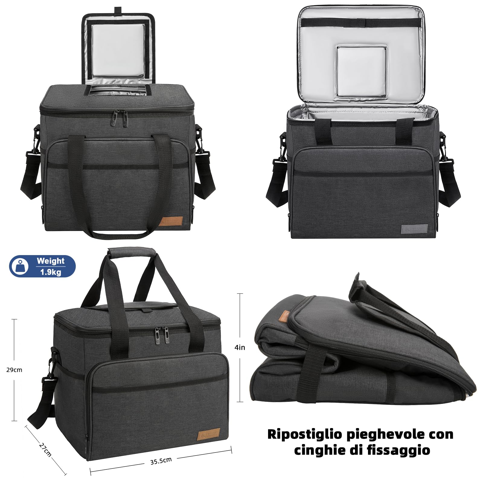 ALLCAMP Borsa Termica Pieghevole 30 L 2 Panetti Refrigeranti,nero | Fino a 24 ore di fresco, apertura, fodera impermeabile termosaldata, supporti laterali pieghevoli, facile da pulire