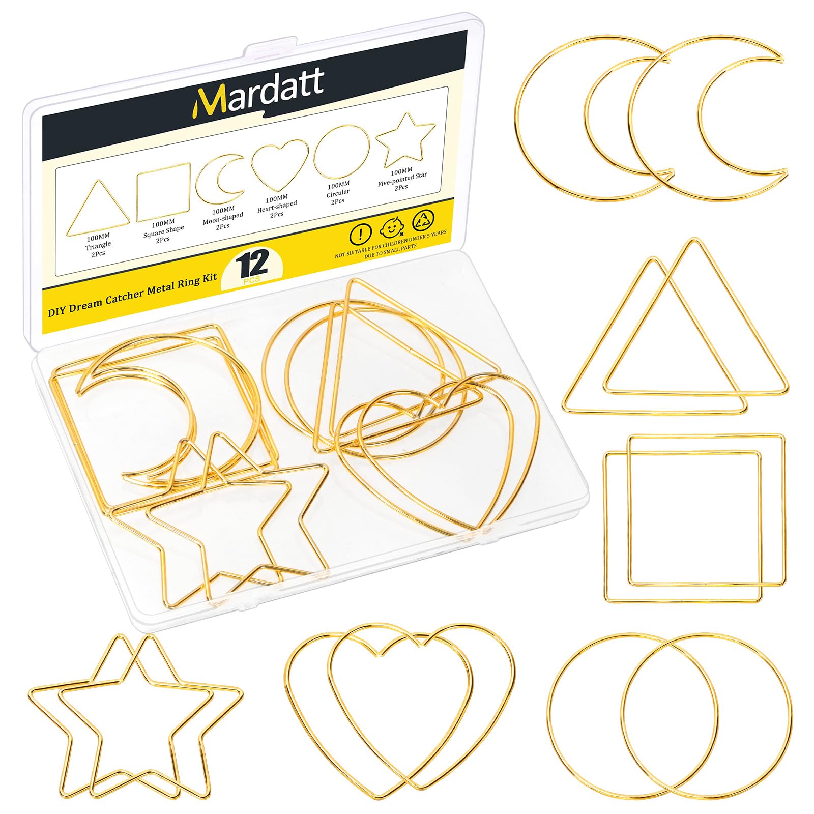 Mardatt 12Pcs Macrame Hoops Ring Kit, 4 inch/100mm Gold Round Moon Star Triangle Square Heart Shape Metal Wreath Hoop Dream Catcher Rings for DIY Projects, Wedding Decor, Wall Hangings — image 1