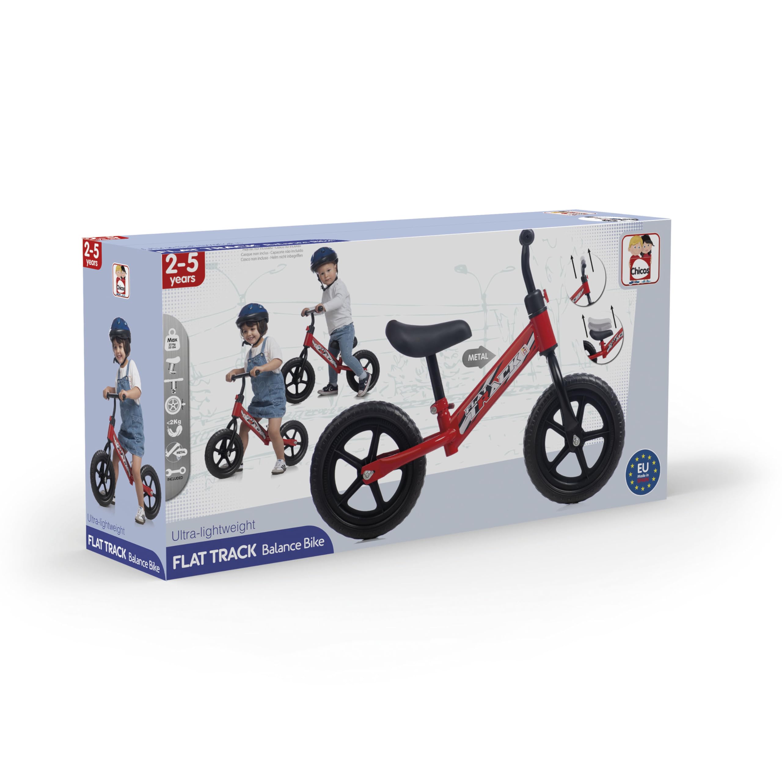 Chicos - Flat Track Bicicleta sin Pedales para Niños 2–5 Años | Balance Bike Ultraligera | Sillín Acolchado, Manillar Ajustable y Antipinchazos | Regalo Ideal para Aprender a Montar | Rojo (37004)