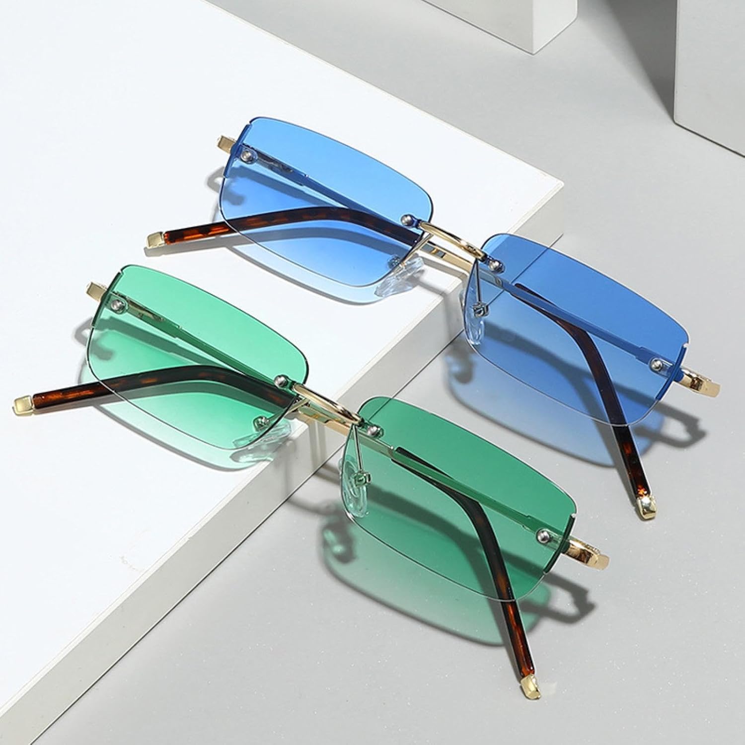 Popular Fashion Rectangle Women Sunglasses Vintage Rimless Clear Ocean Gradient Lens Men Uv400 Trending Sun Glasses