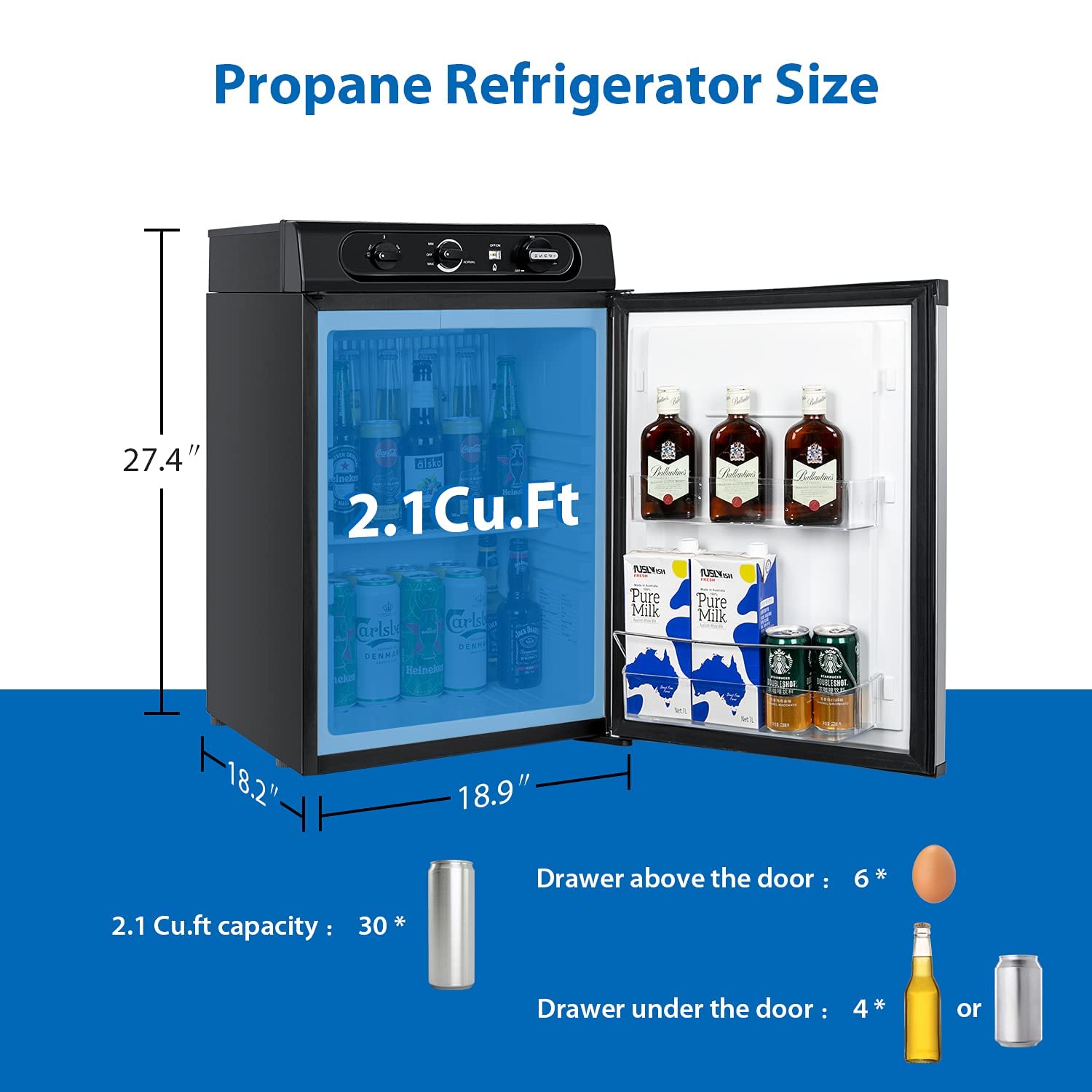 Propane Refrigerator 3 Way Camper Gas Fridge 120V 12V LPG 2.1 Cu.Ft RV