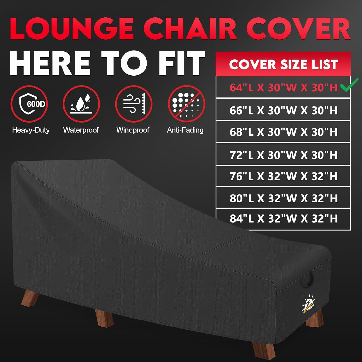 Zettum Outdoor Lounge Chair Cover 2 Pack - Waterproof Patio Chaise Lounge Chair Cover, 600D Fade-Resistant Outdoor Seating Covers For Pool Lounge Chair, Lawn Bench Furniture 64 x 30 x 30 Inch - Image 3