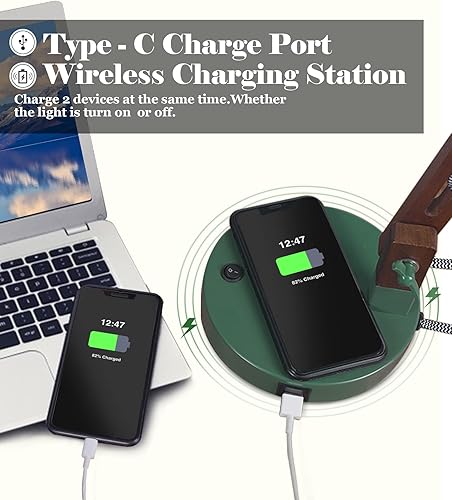 Miniatura 7 de ELYONA Lámpara de escritorio LED con cargador inalámbrico, luz de lectura de madera de Sapele con puerto de carga USB C, lámpara de mesa con brazo
