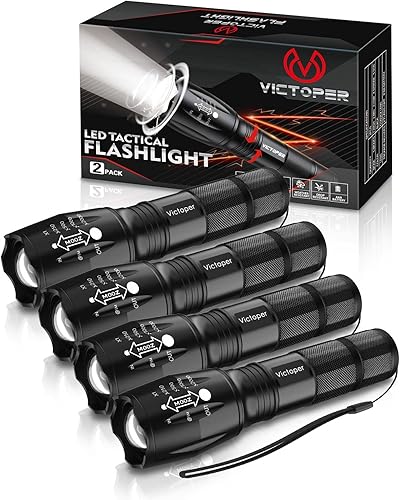 Victoper Paquete de 4 linternas tácticas brillantes de 2000 lúmenes, con 5 modos, luz de flash con zoom impermeable, linterna portátil para camping,