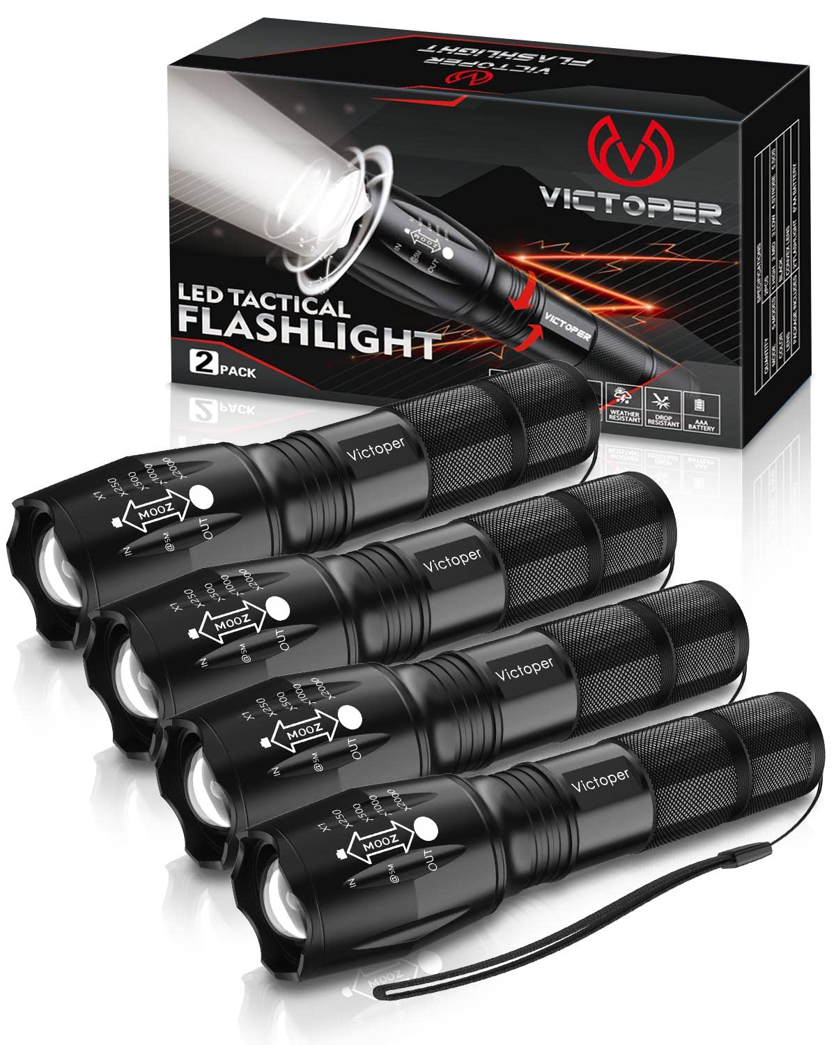 Victoper LED Flashlight 4 Pack, Bright 2000 Lumens Tactical Flashlights High Lumens with 5 Modes, Waterproof Zoomable Flash Light for Outdoor, Gifts for Student Dorm Camping Essentials Camper Gear