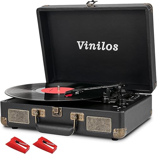 Reproductor de discos de vinilo con Bluetooth y altavoces integrados, tocadiscos portátil de 3 velocidades para discos de vinilo, diseño de maleta