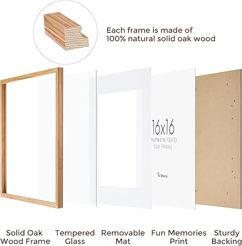 Miniatura 3 de Portarretratos de madera de roble de 16 x 16 pulgadas, marco cuadrado con vidrio real y paspartú de 12 x 12 pulgadas, marco de madera para pared,