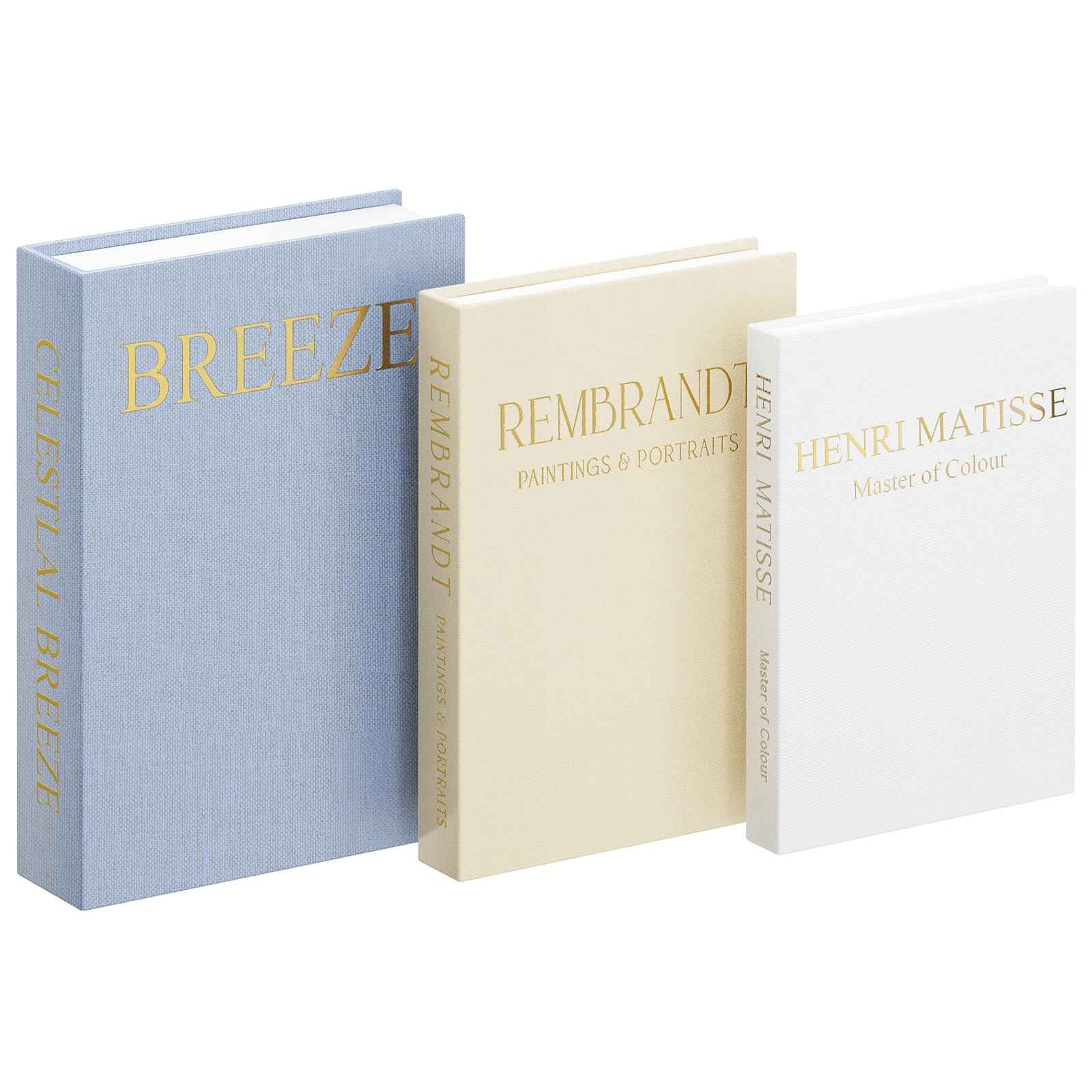 3-Pack Faux Books for Home Decor,Linen Finish Decorative Storage Boxes with Magnetic Snap Ideal for Coffee Table, Bookshelf & Mantel Display, Photo Organisation & Keepsakes (Blue + Beige + Off-White)