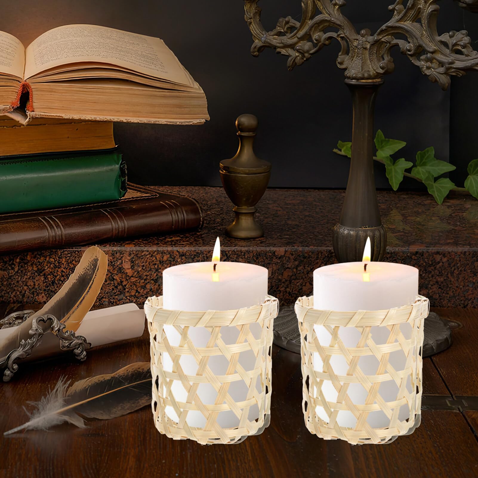 Luxshiny 4 Pcs Wicker Woven Tea Light Candle Holder Decorative Woven Votive Candle Holder Rustic Rattan Glass Votive Candle Holders Hurricane for Dining Table Kitchen Decor