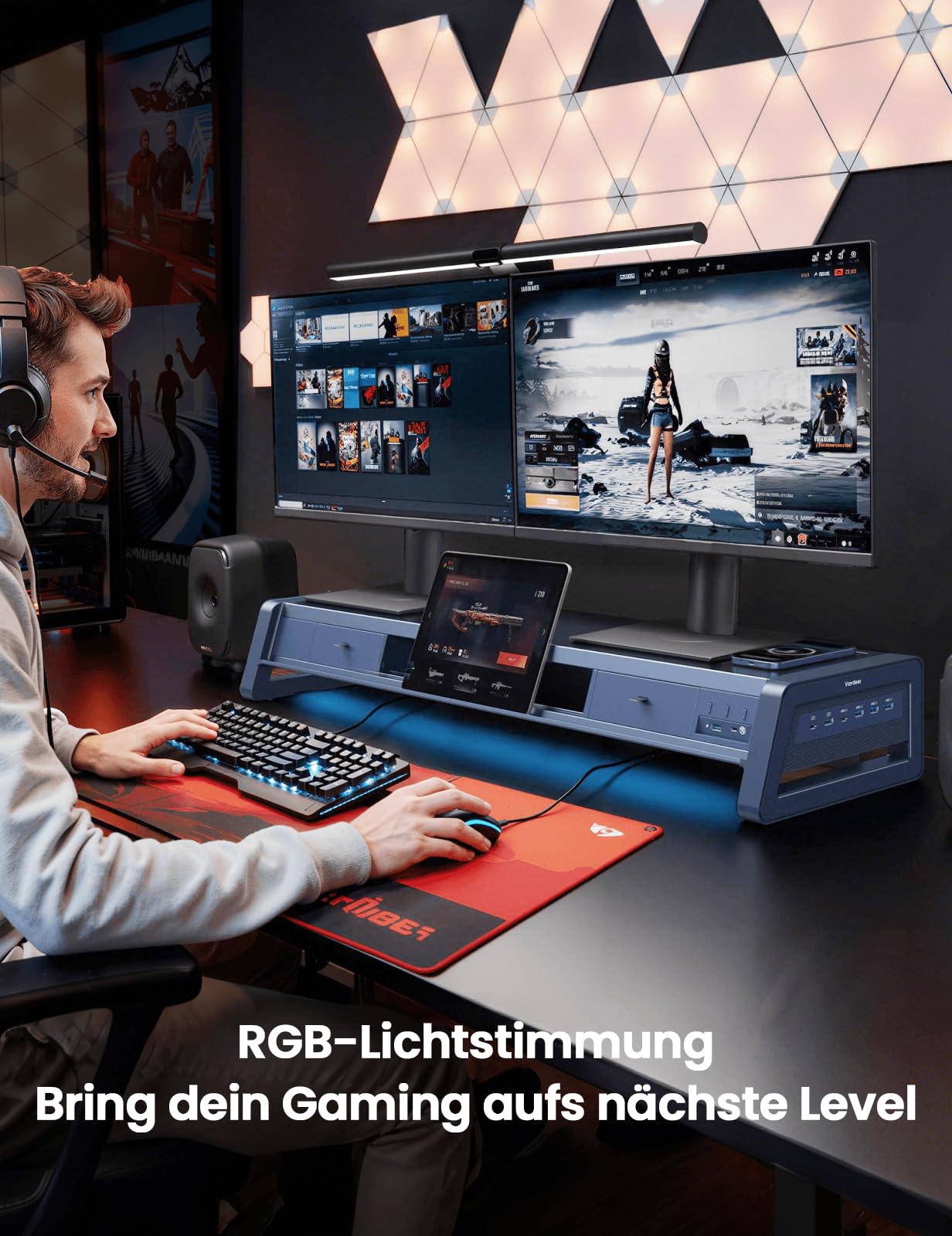 VAYDEER Monitorständer 2 Monitore Bildschirm Stand [Multi-USB] [Handy-Ständer] [Schublade] [Kabel Organizer] [4 LED Modi] Schreibtisch Erhöhung Zubehör Tischaufsatz für Laptop Computer 50kg (Weiß)