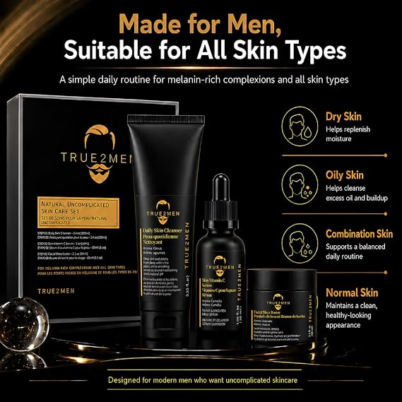 Mens Natural Skin Care Set Face Cleanser, Vitamin C Serum & Shea Butter Moisturizer 3 Step Daily Routine for Men Skincare Gift Set for All Skin Types
