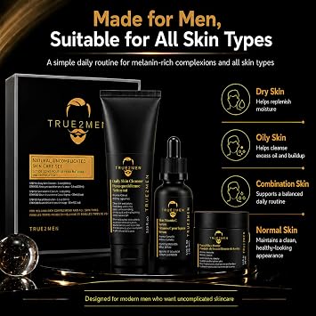 Mens Natural Skin Care Set Face Cleanser, Vitamin C Serum & Shea Butter Moisturizer 3 Step Daily Routine for Men Skincare Gift Set for All Skin Types
