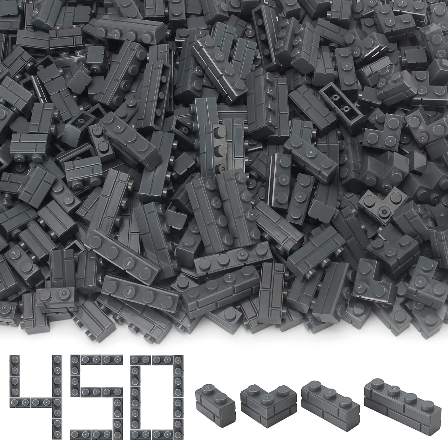 Feleph Masonry Bricks Set 450 Pcs Wall Building Accessories Diverse Creative Construction Bulk Parts and Pieces Blocks Toy Compatible with Classic Major Brands (Dark Gray)