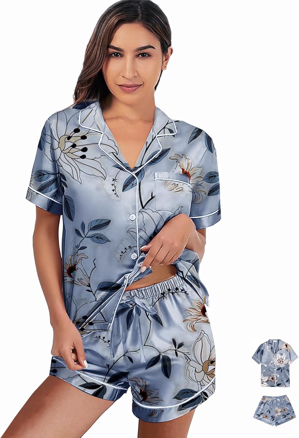 Womens 3Pcs Satin Pajamas Set Floral Silk Pajama Sets Stripe Lounge Set Silky Sleepwear XS-2XL Pjs Long Scarves