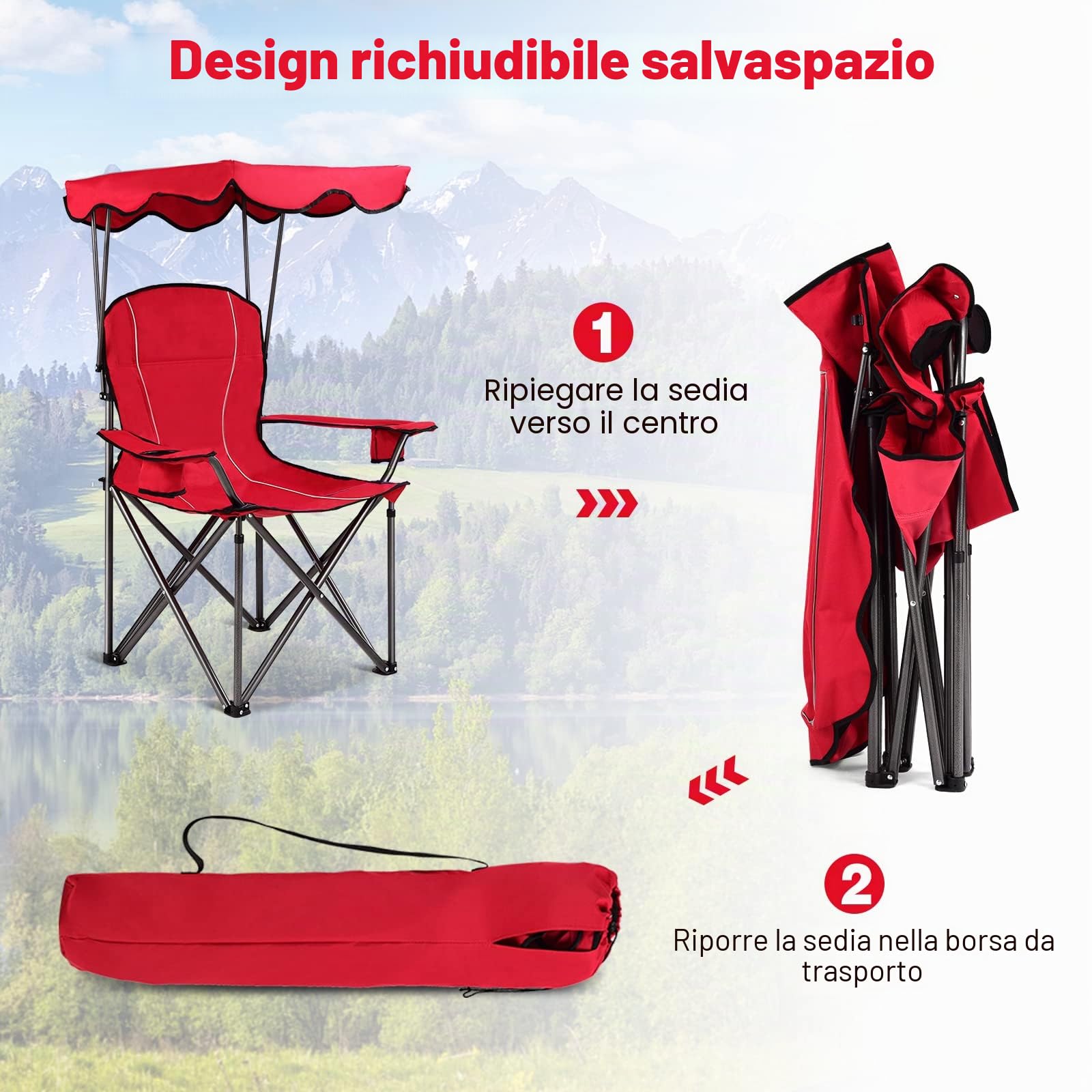 GIANTEX Sedia Pieghevole da Campeggio Leggera con Tetto, 2 Portabicchieri e Borsa per il Trasporto, per Patio, Spiaggia, Campeggio, 91x67x137cm, 2 Colori (Rosso)