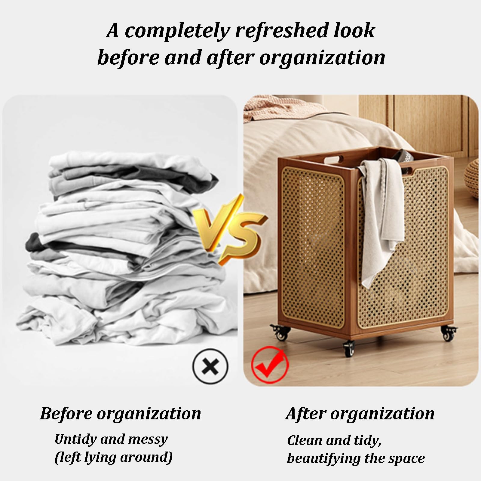 Cesta de bambú con ruedas, cesta grande y estrecha con asa para lavandería, dormitorio, almacenamiento de ropa