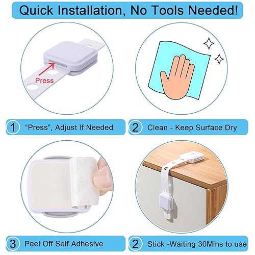 Miniatura 5 de Fursafe&Q Cerraduras de gabinete a prueba de bebés, cerraduras de seguridad para cajones de bebé, correas de seguridad adhesivas para niños, cierre