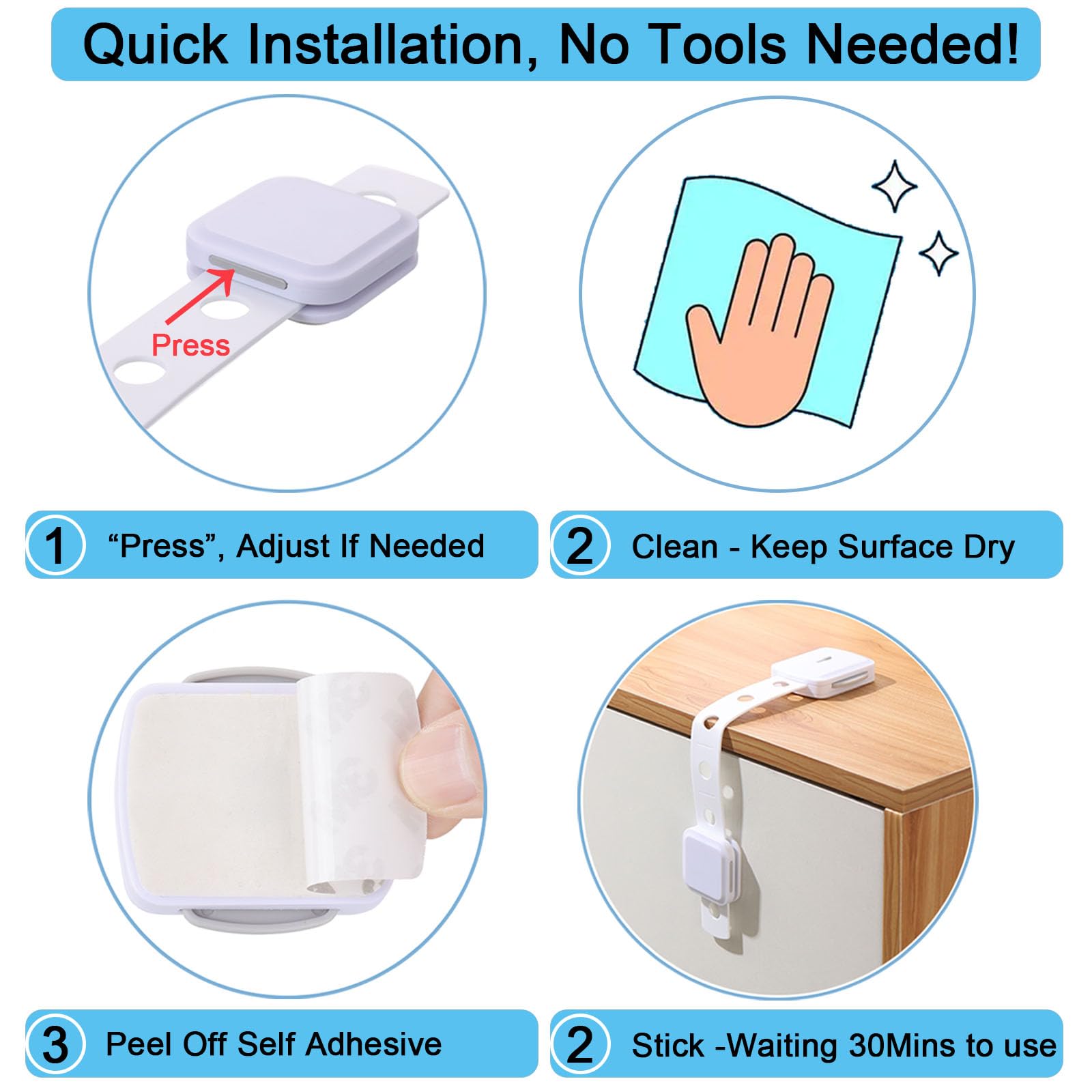 Fursafe&Q Schrankschlösser, Babysicherung, Sicherheitsschlösser für Babyschubladen, selbstklebende Kindersicherungsriemen, verstellbare Türriegel für Kühlschrank, WC, Ofen, kein Bohren, Möbel
