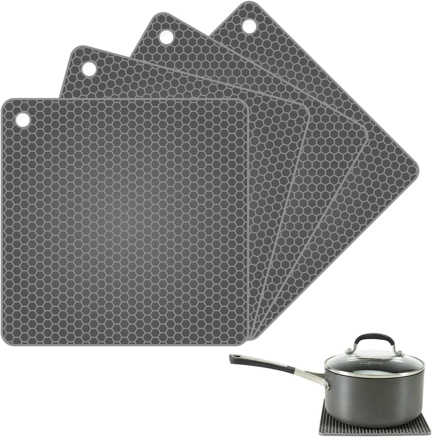 Silicone Trivet Set of 4 – Heat-Resistant Trivets for Hot Pots and Pans – Multipurpose Silicone Trivet Mat, Drying Rack, Jar Opener – Thick Non-Slip Silicone Mats for Kitchen Counter – Grey