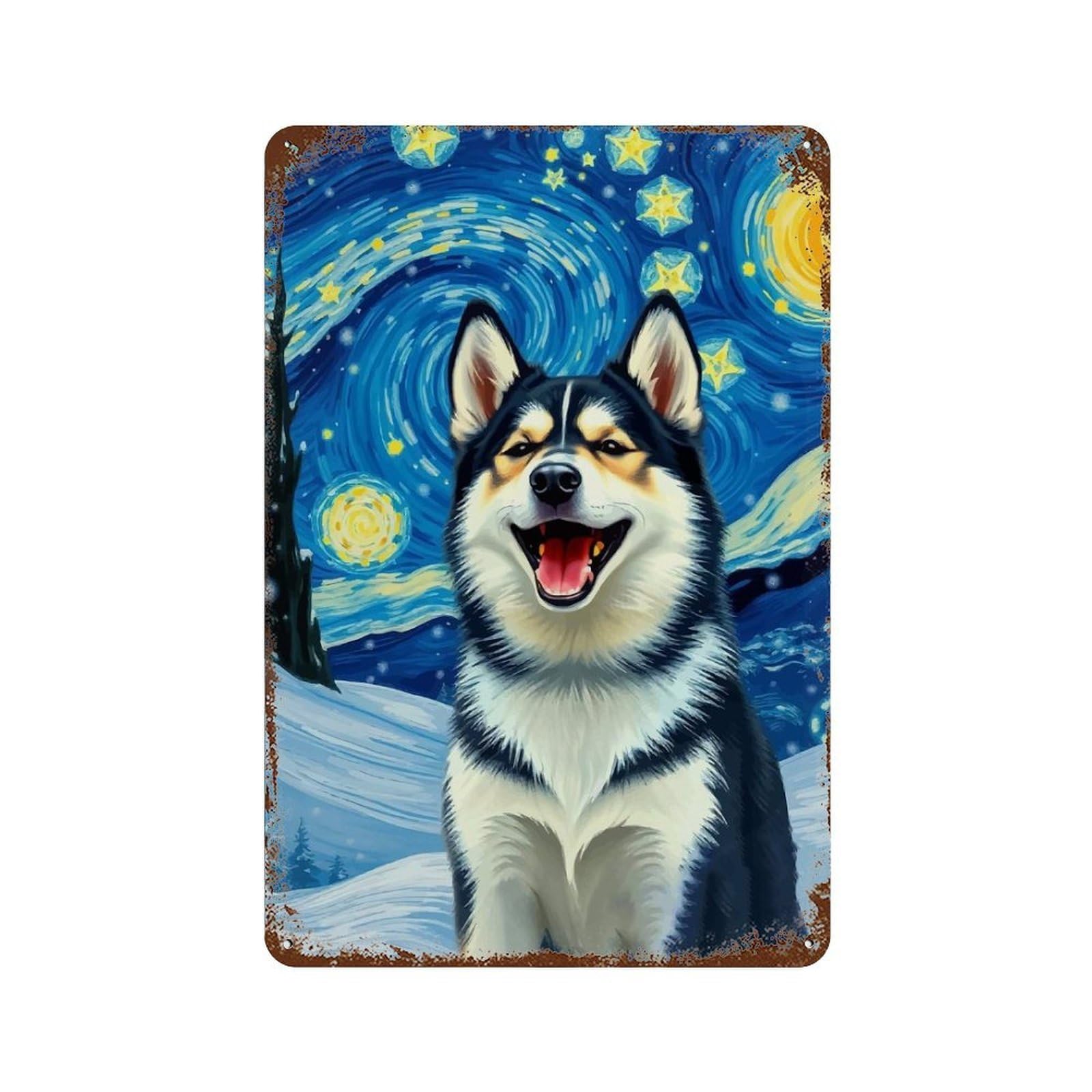 Siberian Husky Starry Night Distressed Metal Wall Sign 11.8"x7.9", for Basement, Hobby Room And Garage Decor, Shabby Chic Decor