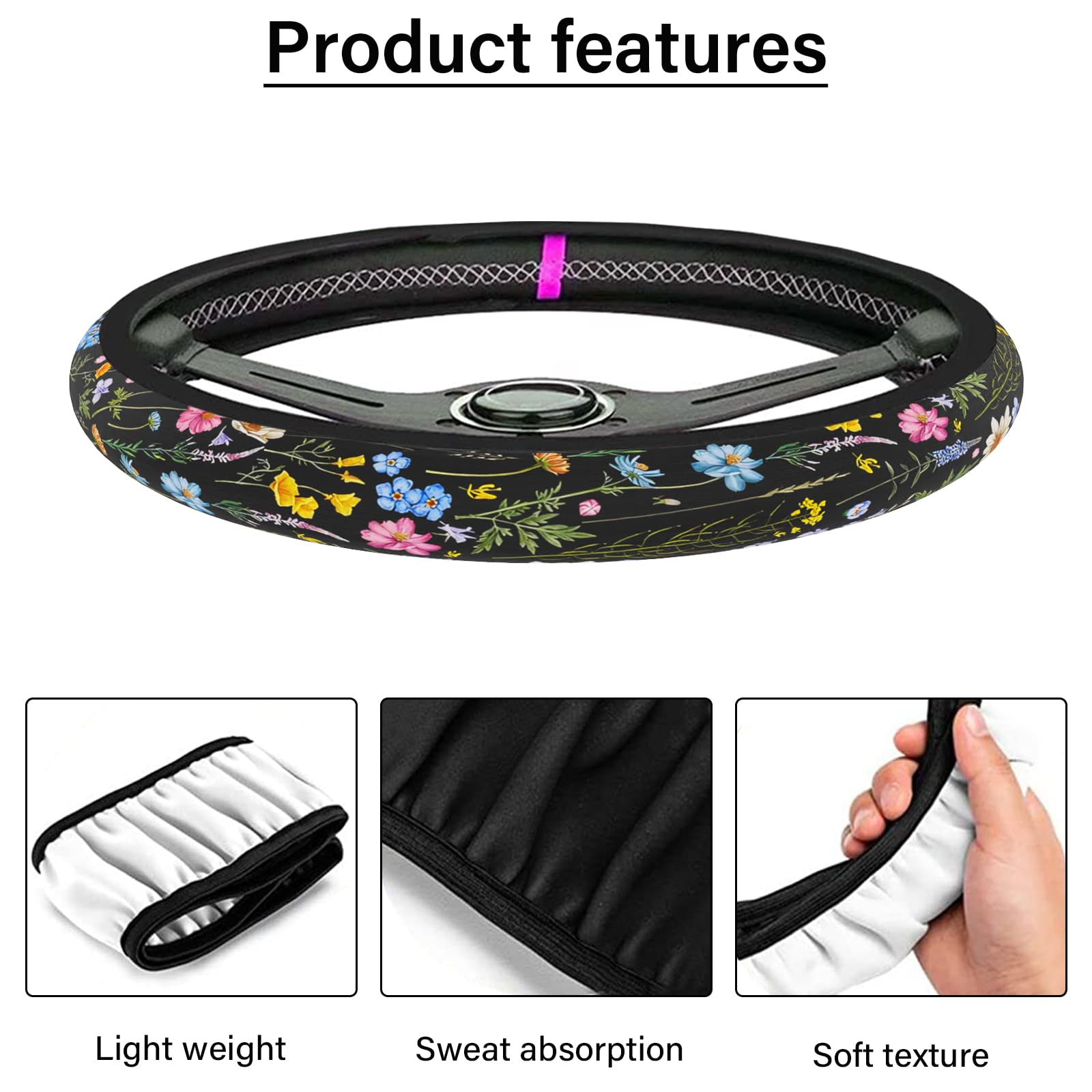 Car Steering Wheel Cover for Women Men, Non-Slip Breathable Steering Wheel, Wildflower Steering Wheel Protector, Car Accessories, Universal 14" 02/2-15" Fit Auto, Suvs