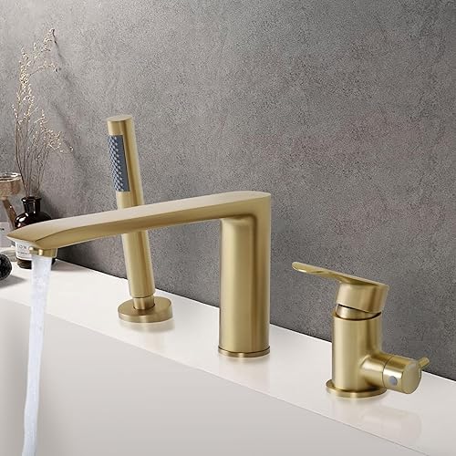 Vista 2 de PHASAT Bathtub Faucet Brushed Gold,Tub Filler Faucet Deck Mounted,Solid Brass Tub Faucet 3 Holes Single Handle With Handheld Shower,PU5J09