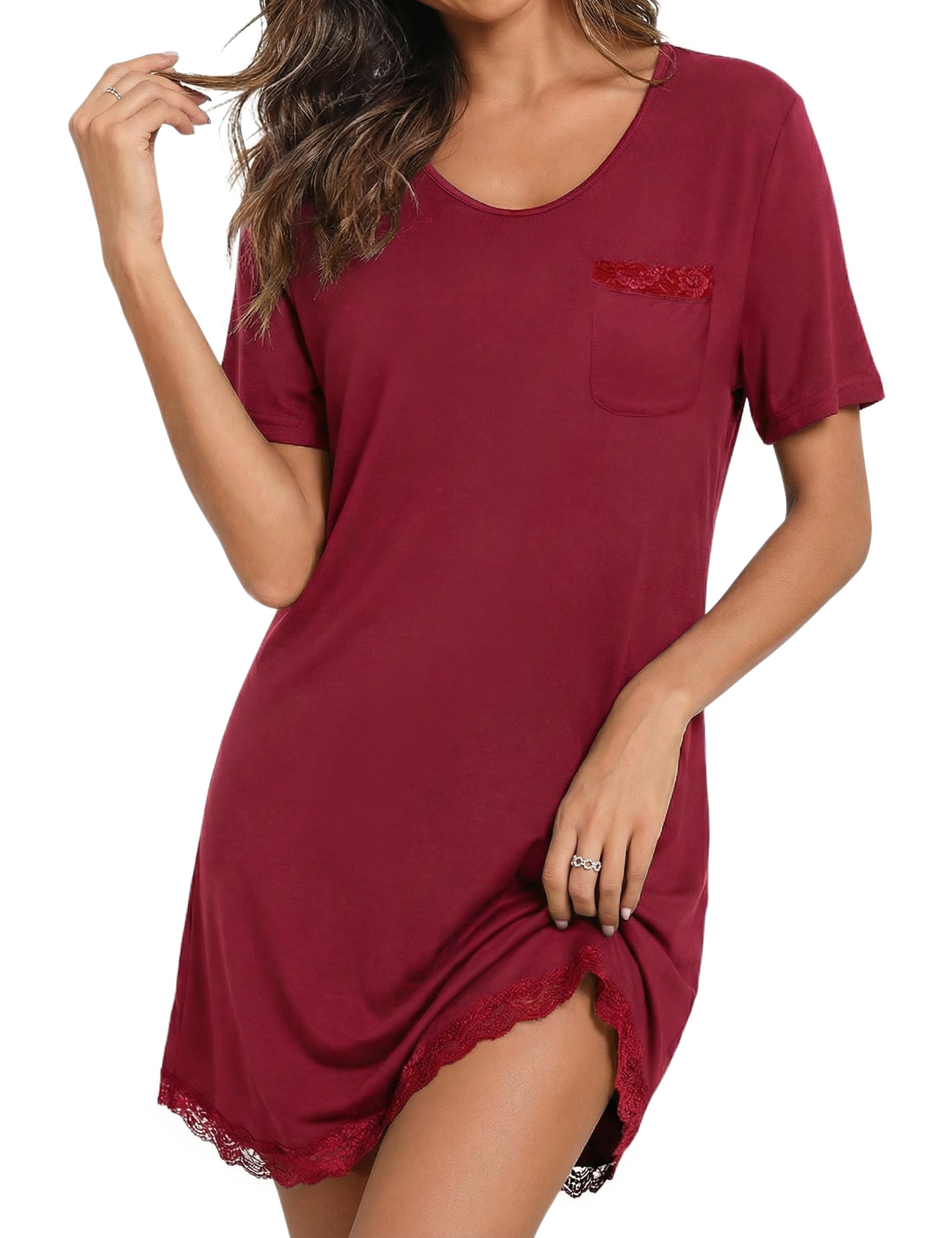 Demegimi Nachthemd Damen Schlafshirt Baumwolle Sexy Spitze Negligee Sleepshirt Kurzarm Nachtkleid V-Ausschnitt Nachtwäsche