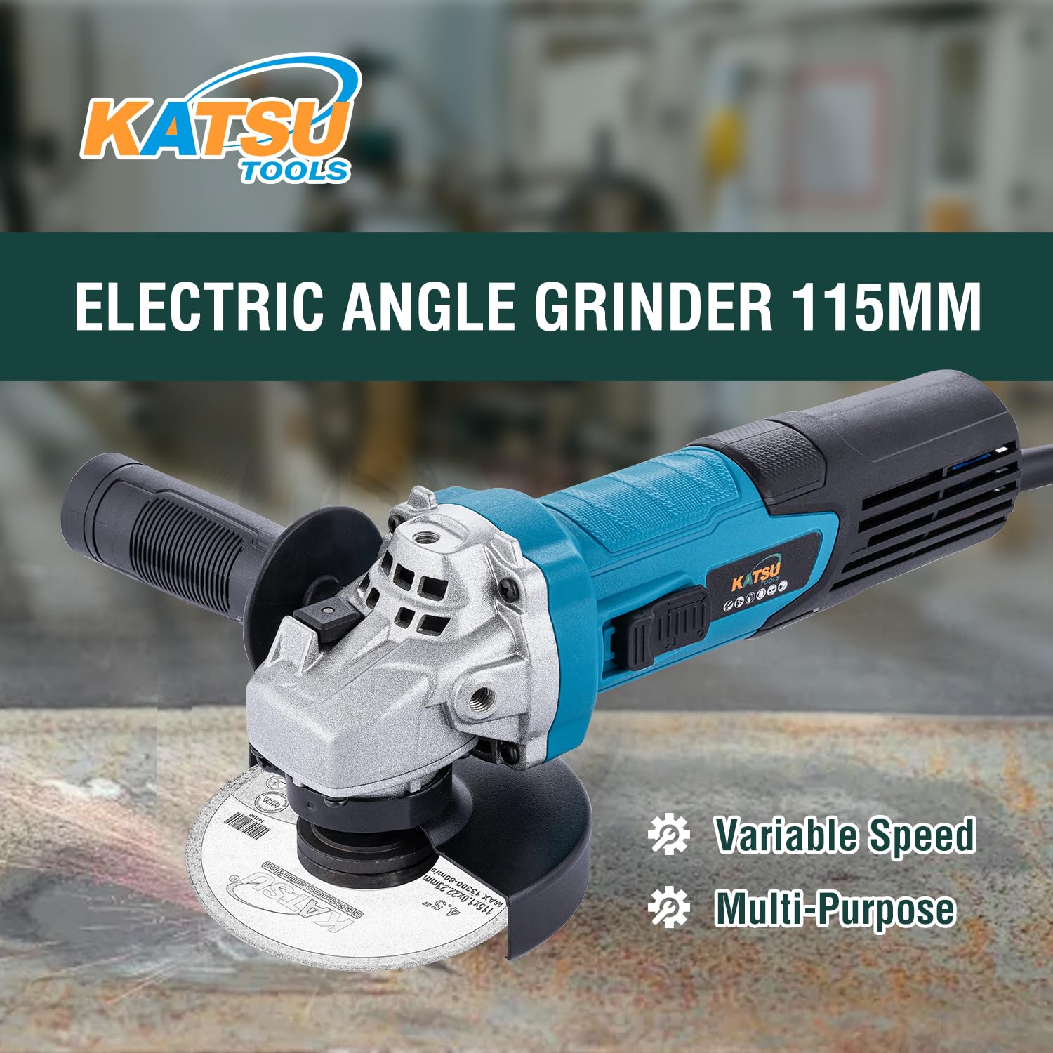 KATSU Tools Meuleuse d'angle filaire 115 mm 750 W, corps fin, vitesse variable, pour maçonnerie, béton, carrelage, métal, acier, meulage, polissage 100186
