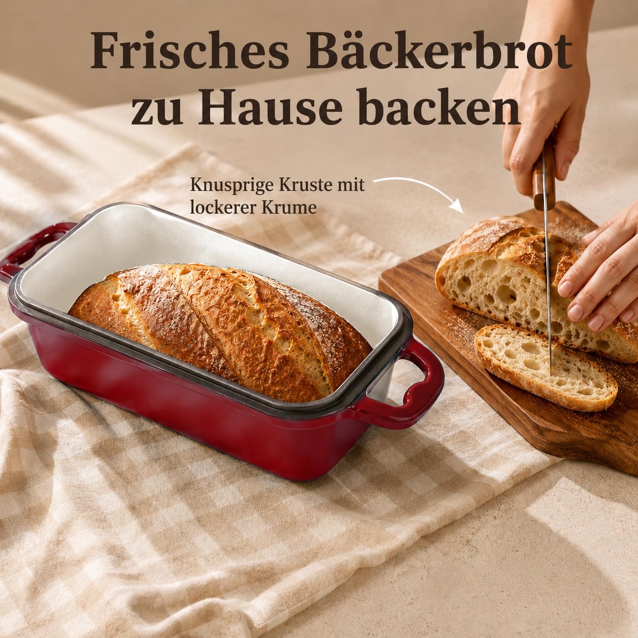 Gusseisen Brotbackform mit Deckel 2 in 1 Emailliert Brotbacktopf Dutch-Oven | 2 L Rechteckige Gusseisen Topf mit Silikon-Griffüberzügen für die Küche zum Backen zu Hause Kasten Sauerteig, Rot, 21 x 11cm