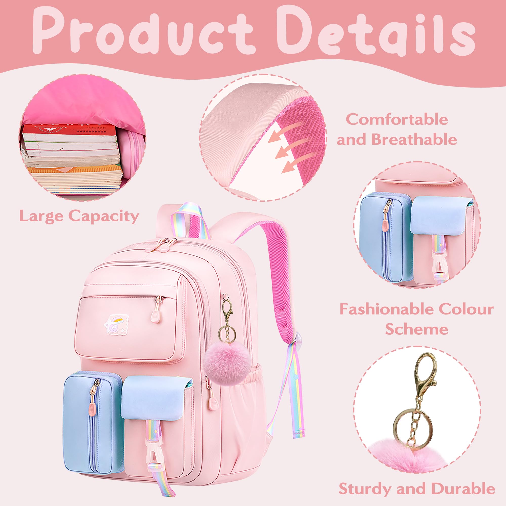 Wood Homing School Bag for Girls with Large Capacity Waterproof Cute Backpack with Laptop Compartment for Teen Kids Kindergarten Daily Multi-Compartment School Backpack with Hairball Pendant