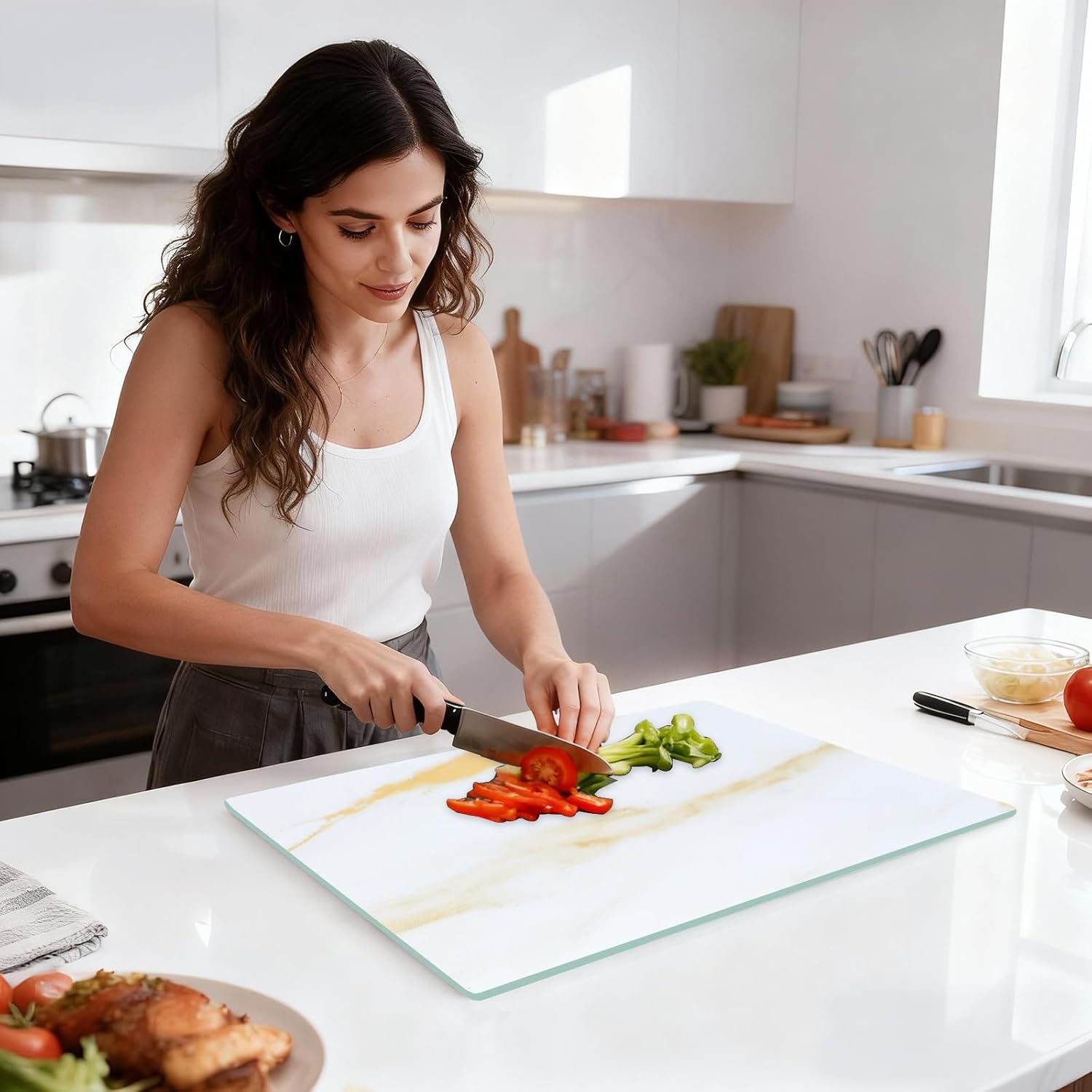 Murrey Home Glass Cutting Board Set for Kitchen Counter, Tempered Glass Chopping Boards Dishwasher Safe, Small Gold Marble Countertop Tray, Set of 4