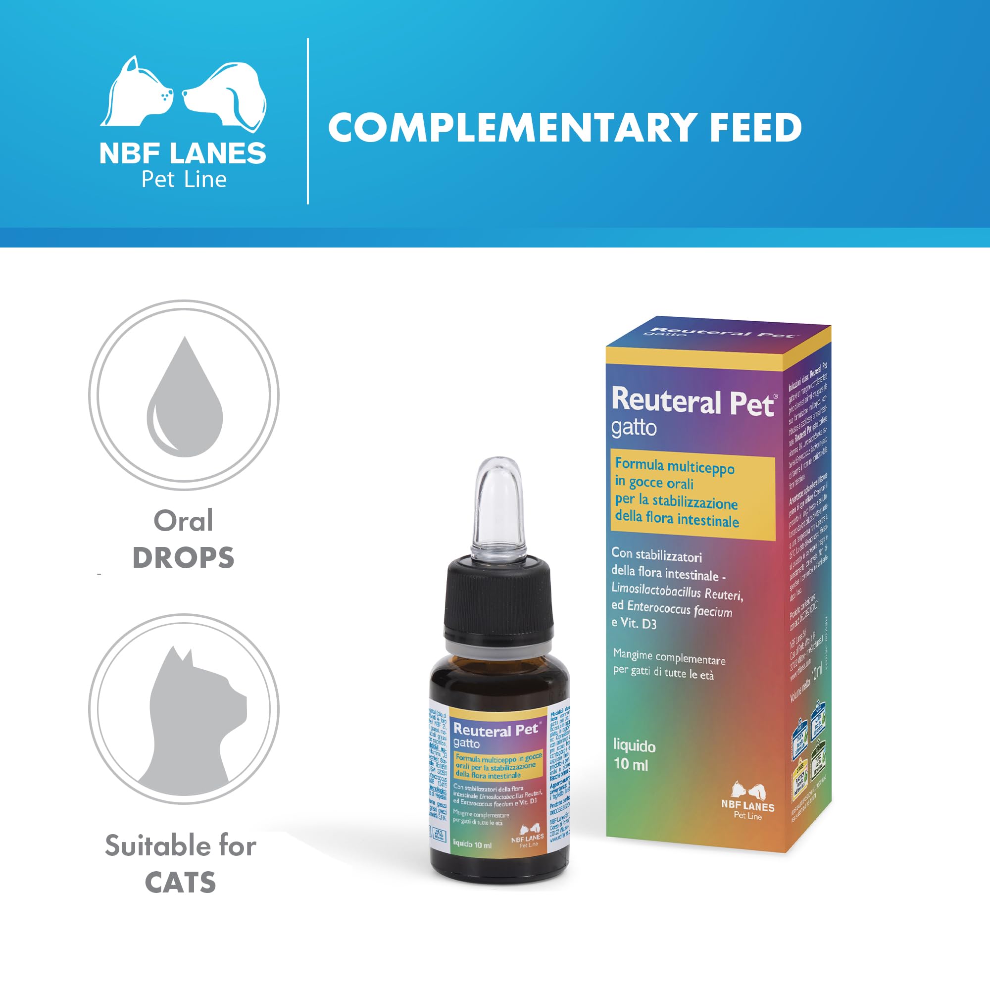 NBF Lanes | Reuteral Pet Gatto, Gocce orali, Probiotico a base di fermenti lattici vivi per la stabilizzazione della Flora intestinale nei Gatti