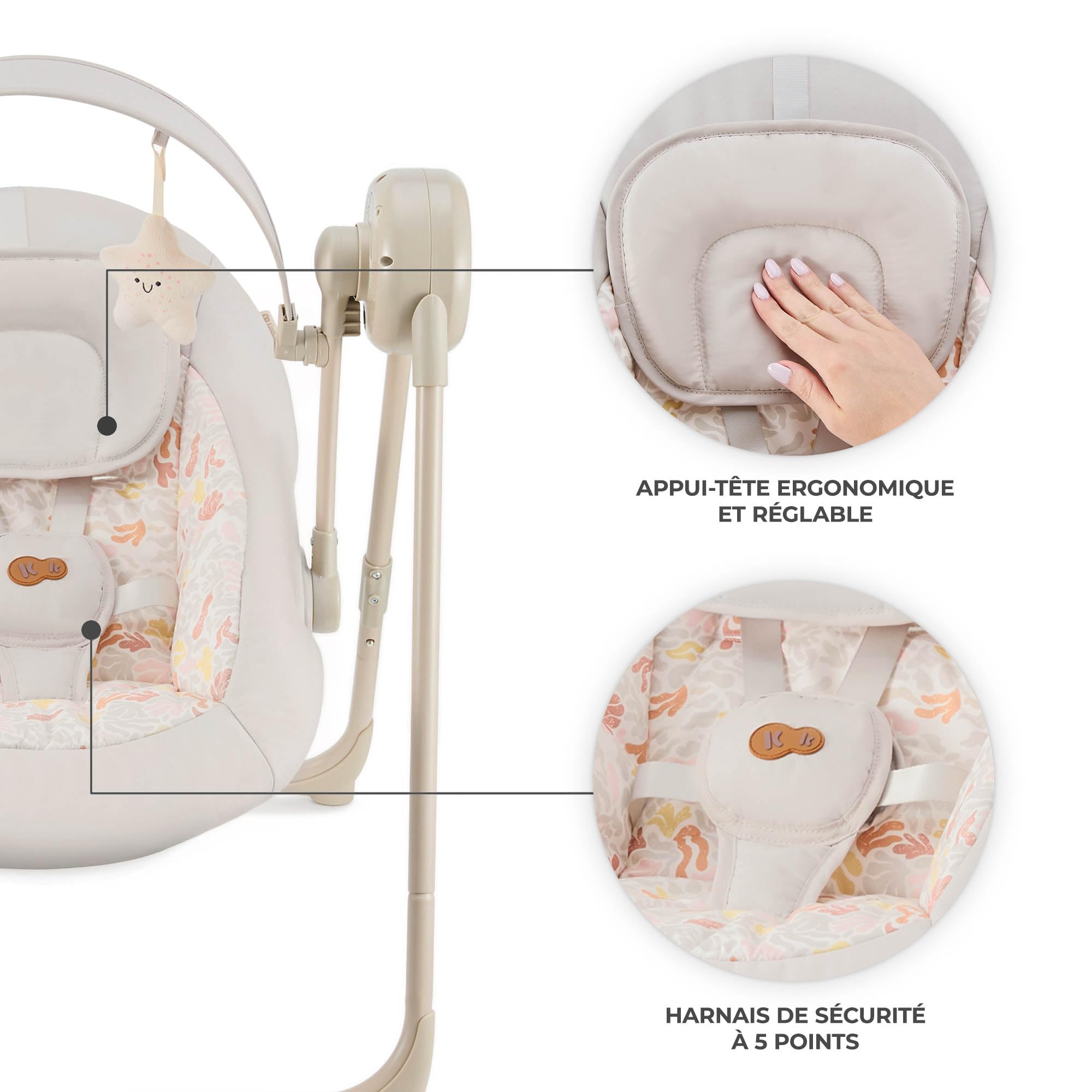 Kinderkraft SWINGEE Transat bébé, Balancelle de La Naissance, dossier réglable, 8 mélodies apaisantes intégrées, Berceau bébé, Léger et pliable, Beige