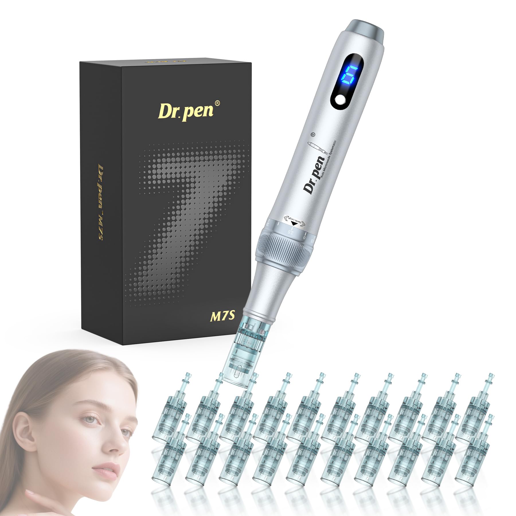 Dr. pen Ultima M7S Microneedling Pen Professionale con 20 Cartuccia di Ricambio Macchina, 6 Velocità Regolabili e Display LED, per Cura Pelle, Rughe, Cicatrici e Smagliature