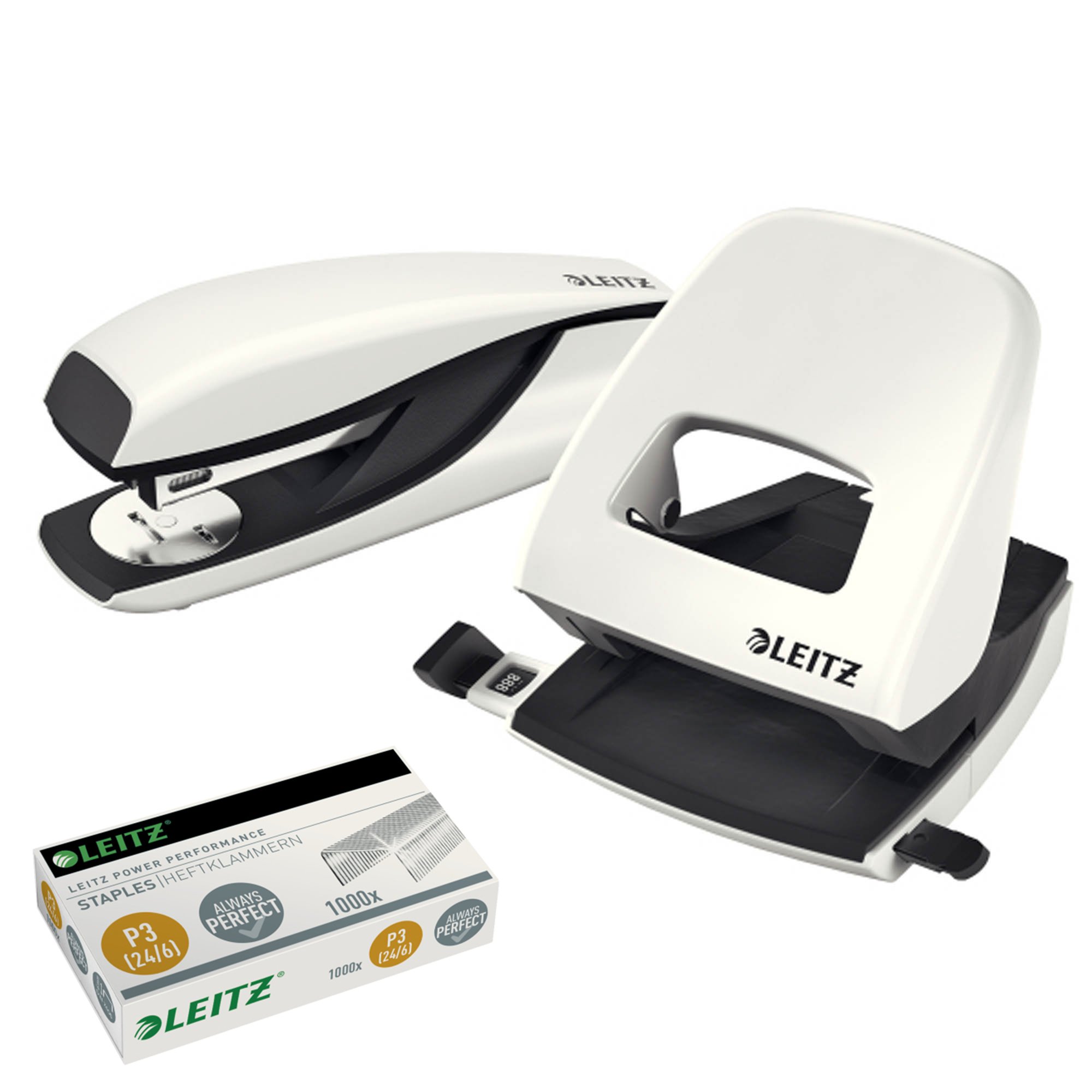 Leitz 5008 NeXXt Series Bürolocher, Metall, bis zu 30 Blatt/Kombi-Set mit Heftgerät + 1000 Klammern extra (Perlweiß)