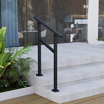 Metal Hand Rails for Outdoor Steps, 2 Step Handrail for Indoor Stairs, Floor Mounted Banister Railing for Concrete Steps, 1-2 Step Staircase Hadnrails for Porch, Deck Black, 1 Pack