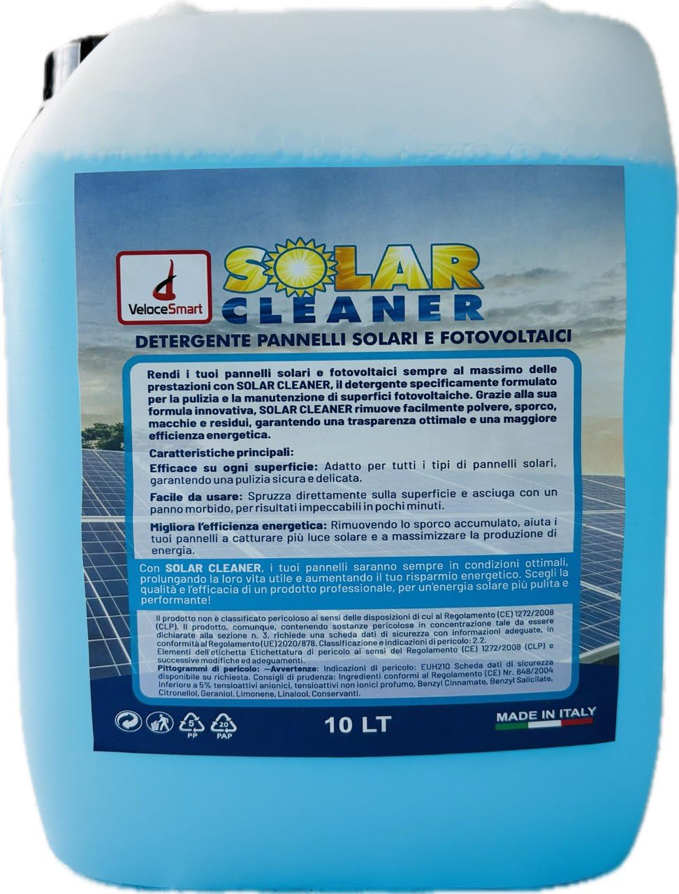 Detergente Professionale per Pannelli Solari e Fotovoltaici, VeloceSmart Solar Cleaner 10 Litri, Formula Innovativa per Massima Efficienza