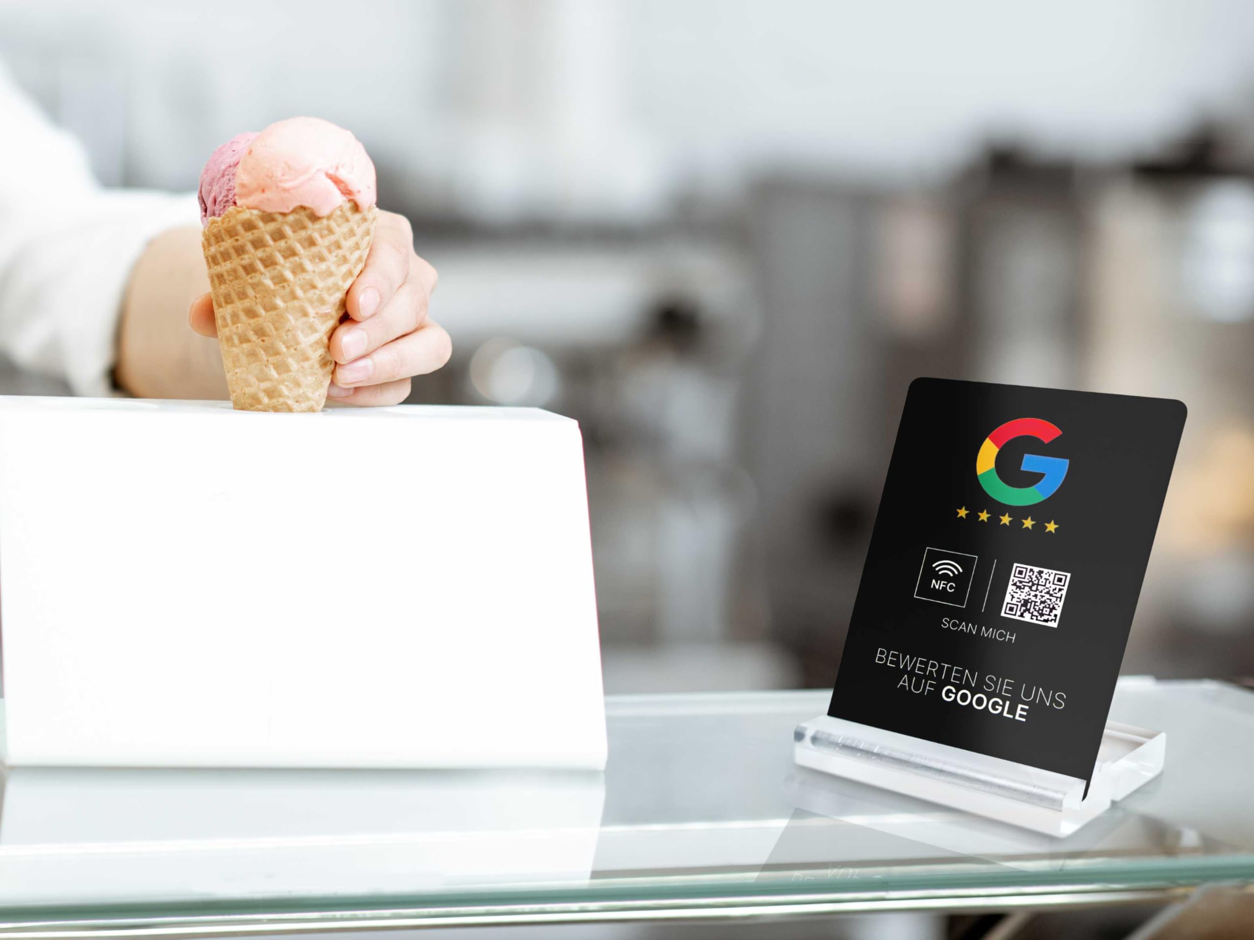 Google Bewertung NFC Schild, PVC, 105 x 148 mm, fertig eingerichtet, mit NFC und QR-Code für einfache Kundenbewertungen, Google Bewertungskarte (Schwarz)