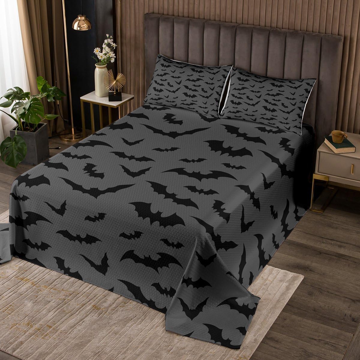 Erosebridal Black Bats Coverlet Set Twin Size Halloween Themed Bedspread Grey Animal Adults Kids Gothic Trick Or Treat Quilted Coverlet Boys Girls Soft Luxury Quilted