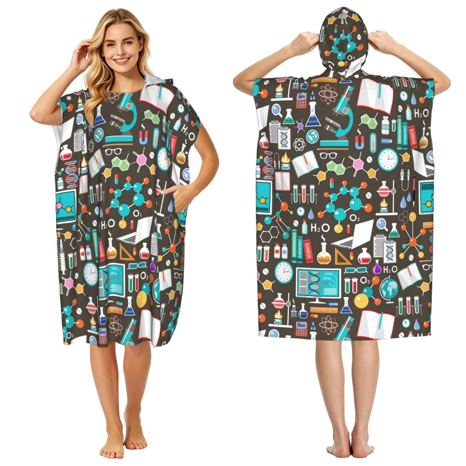Poadnly Science Chemistry Pattern, Adult Hooded Beach Towel 90 x 110 cm,Changing Bath Robe, Surf Poncho Towel For Women Men