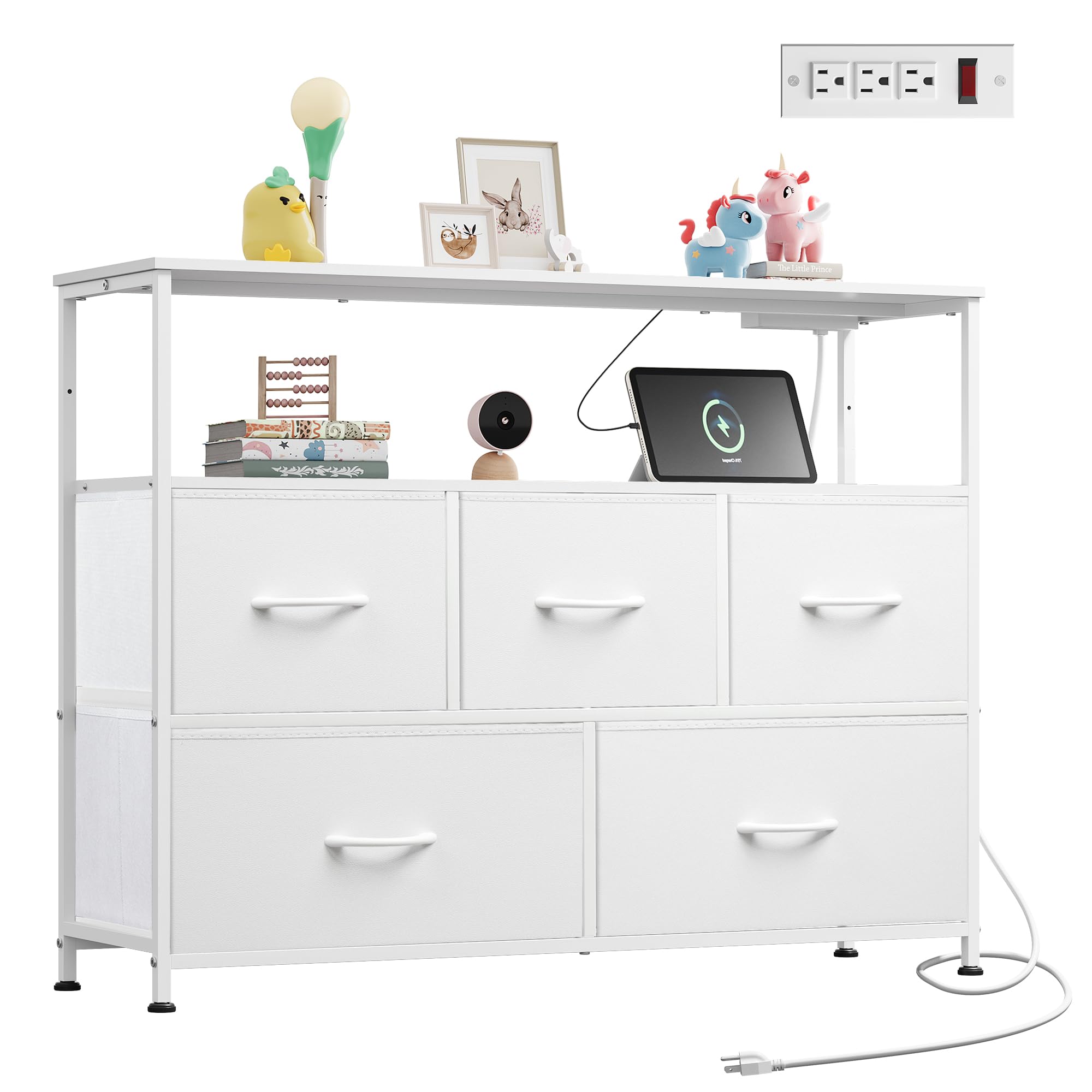 WLIVE White Dresser for Bedroom with 5 Fabric Drawers, Entertainment Center with Open Shelf and Power Outlet for 45 inch TV, Dresser TV Stand with