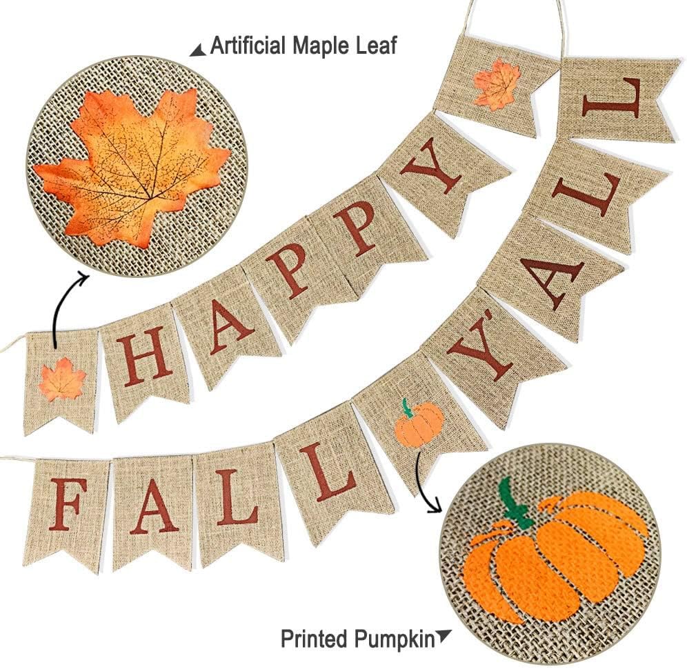 Happy Fall Y'all Burlap Banner - 6.5 Ft Rustic Thanksgiving Decor For Mantel, Wall, Fireplace