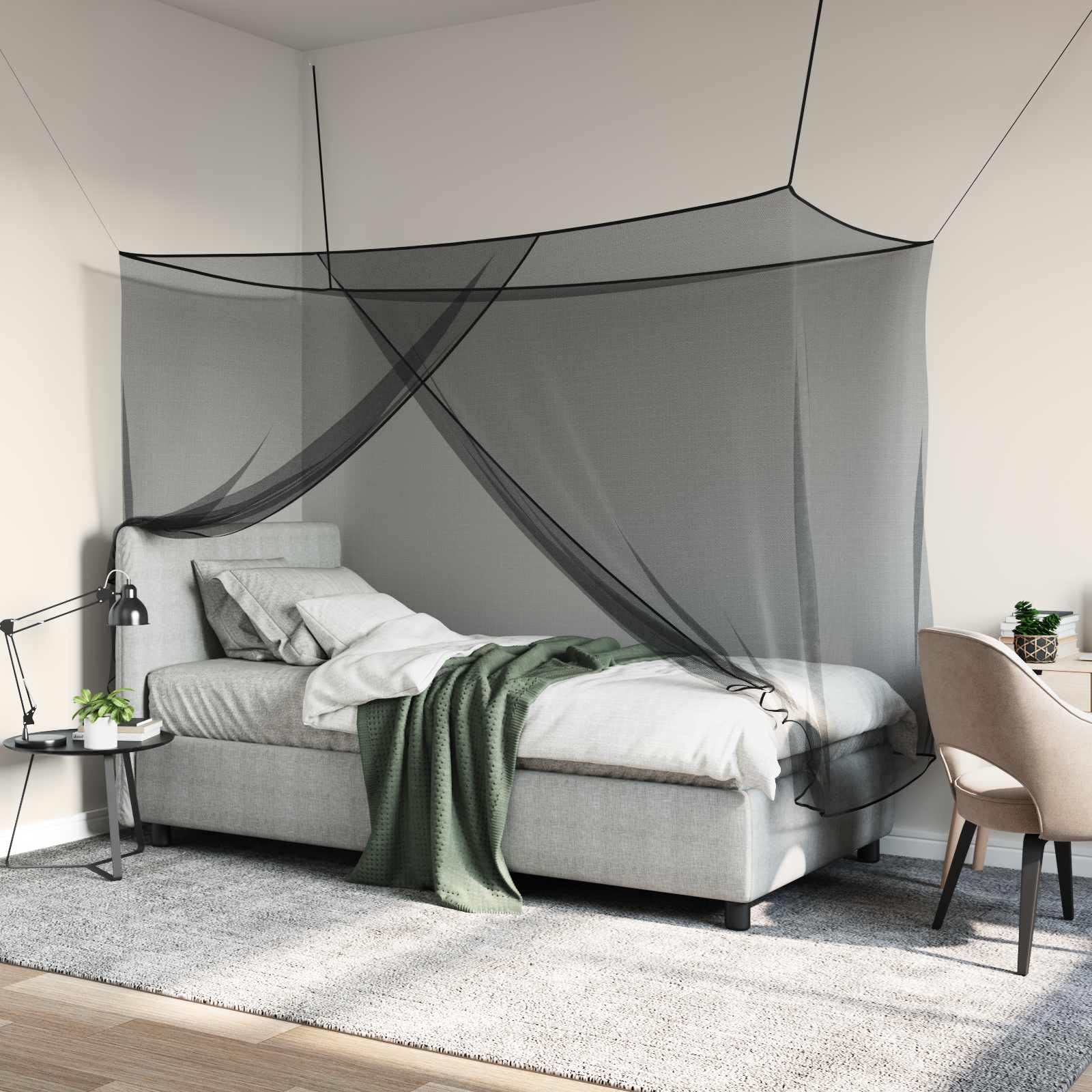 Moskito-Netz für Bett aus Polyester, 156 Maschen, 3er Set schwarz, für Schlafzimmer, Mückennetz für Innenbereich, 220 x 100 x 150 cm, mit Seil und Schrauben